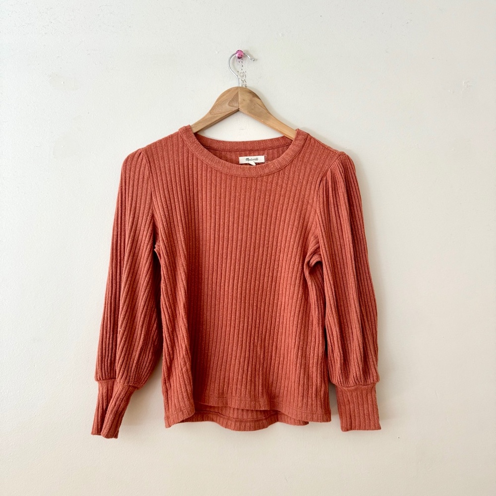 Madewell Ribbed Balloon Sleeve Blouse Burnt Orange Red Terra Cotta Small - Picture 2 of 7